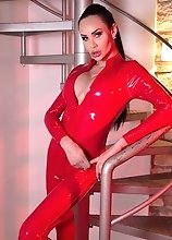Kimberlee's super hot in tight red latex her tits popped out and could barely contain her thick dick